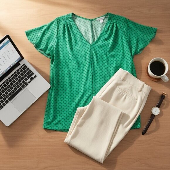 Liz Claiborne XL Green Print Flutter Sleeve Blouse Top V-Neck Flowy Plus - Picture 2 of 7